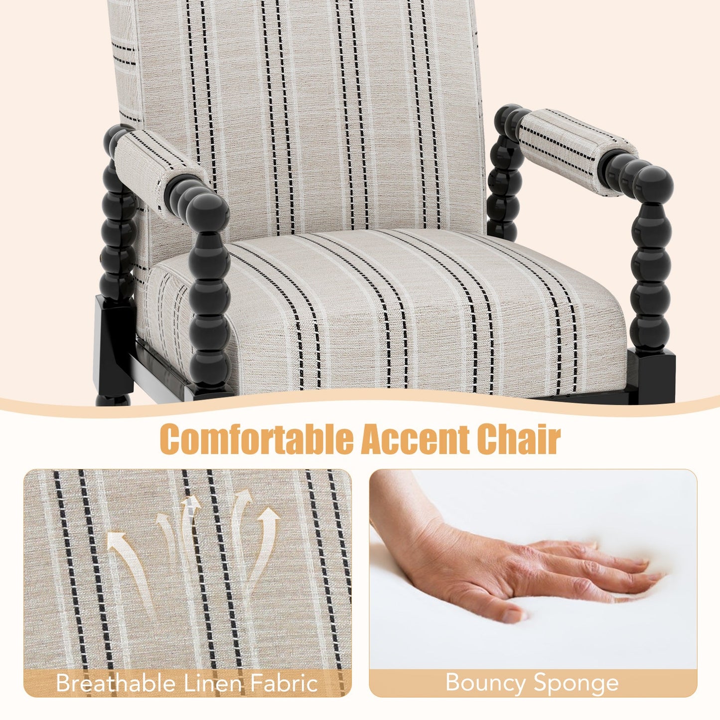 Upholstered Accent Chair with Rubber Wood Frame for Living Room-Beige