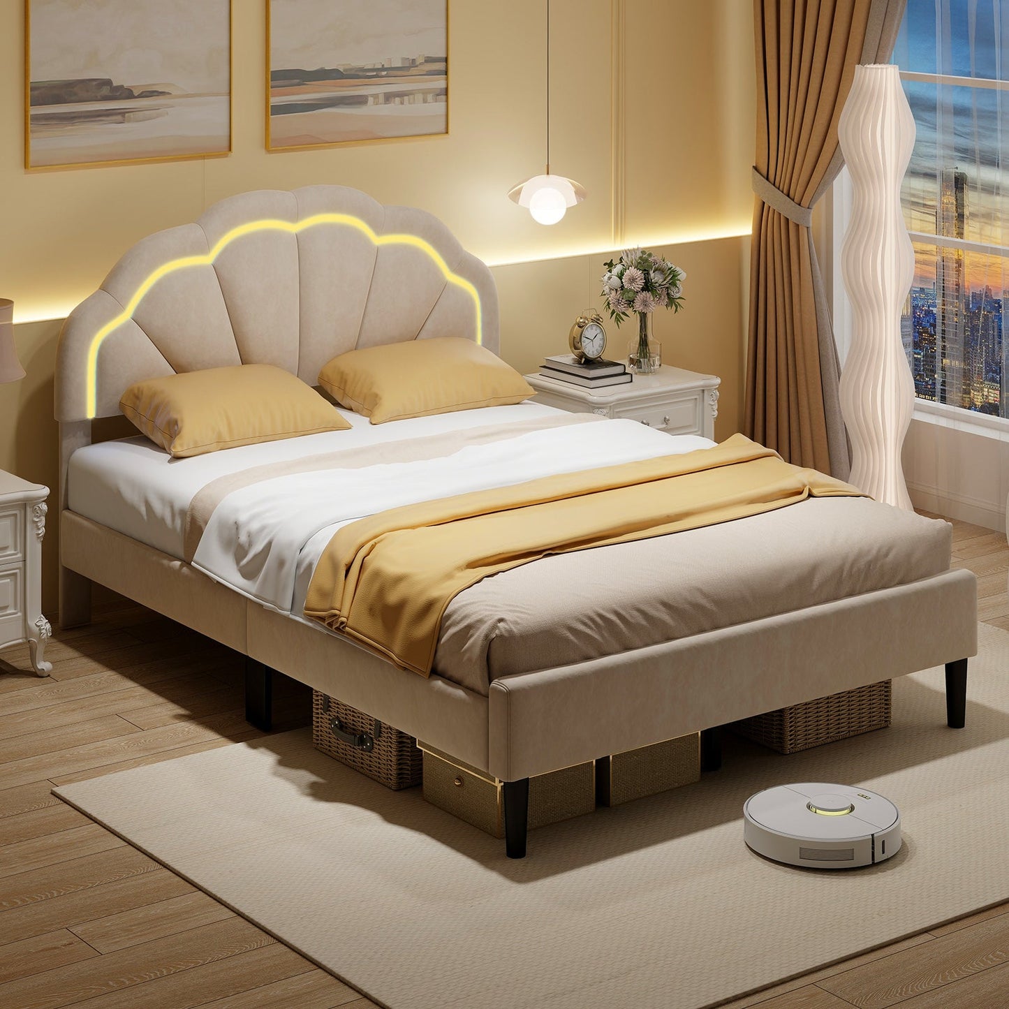 Upholstered LED Bed Frame with Adjustable Flower Headboard and Metal Support Feet-Full Size