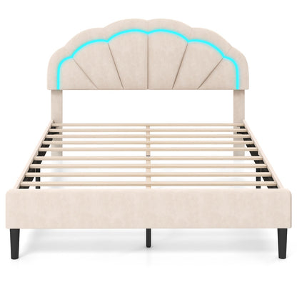 Upholstered LED Bed Frame with Adjustable Flower Headboard and Metal Support Feet-Queen Size