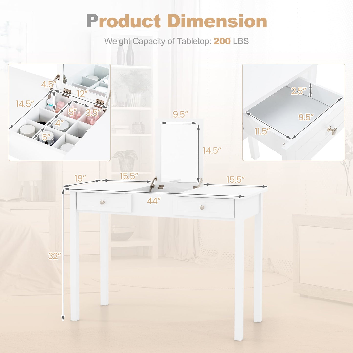 Vanity Desk Makeup Dressing Table with Flip Top Mirror and Drawers-White