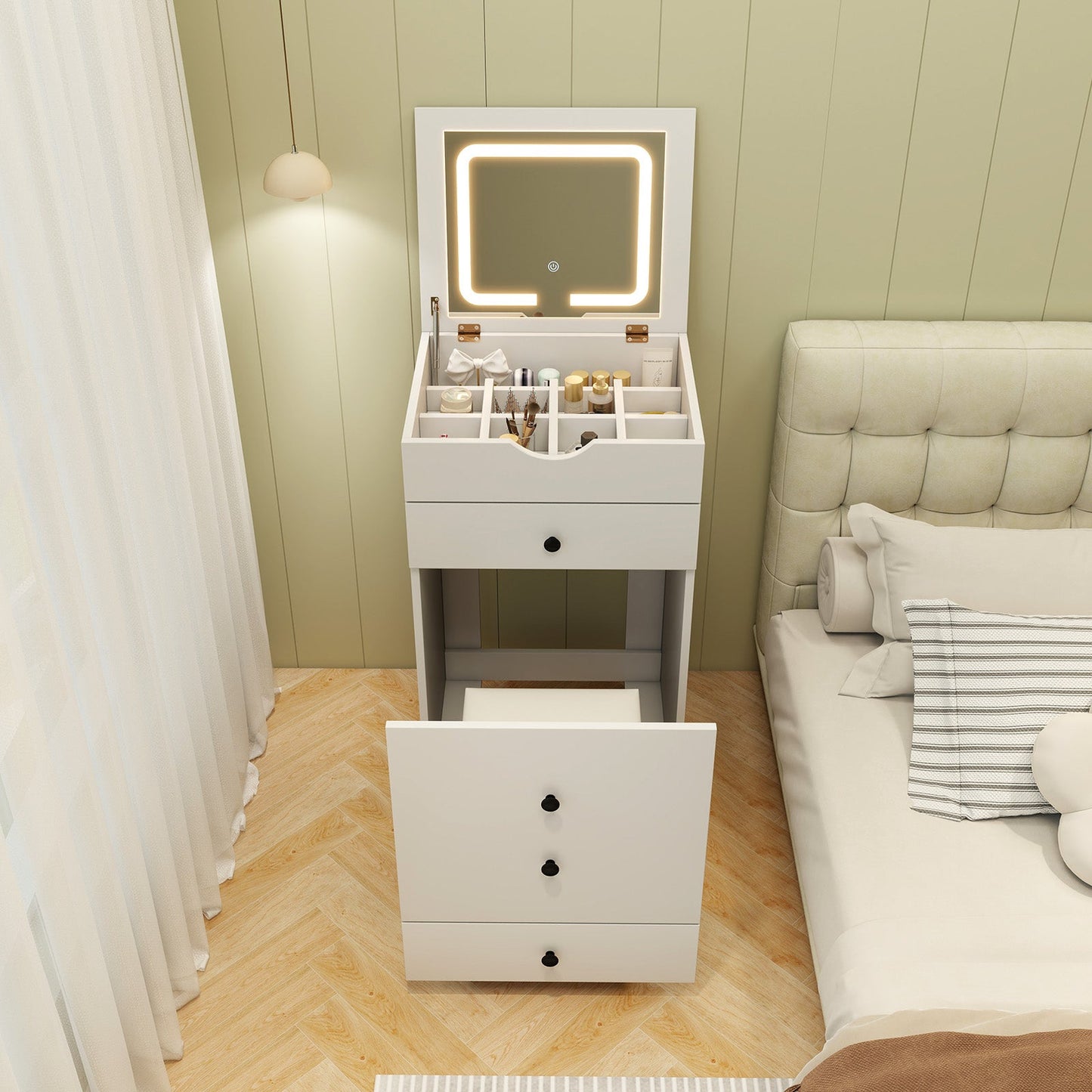 3-in-1 Vanity Set with Cushioned Stool and Flip-up Mirror-White