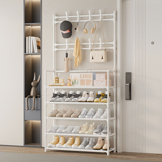 2 in 1 Shoe Rack with Coat Hooks Entryway Organizer 5 Tier Storage Shelf