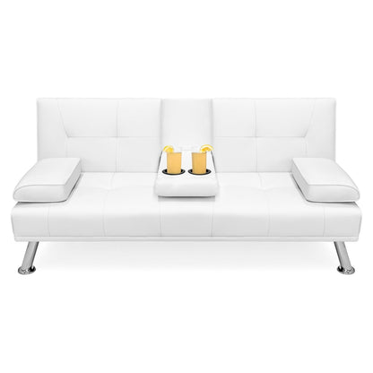 White Faux Leather Convertible Sofa Futon with 2 Cup Holders