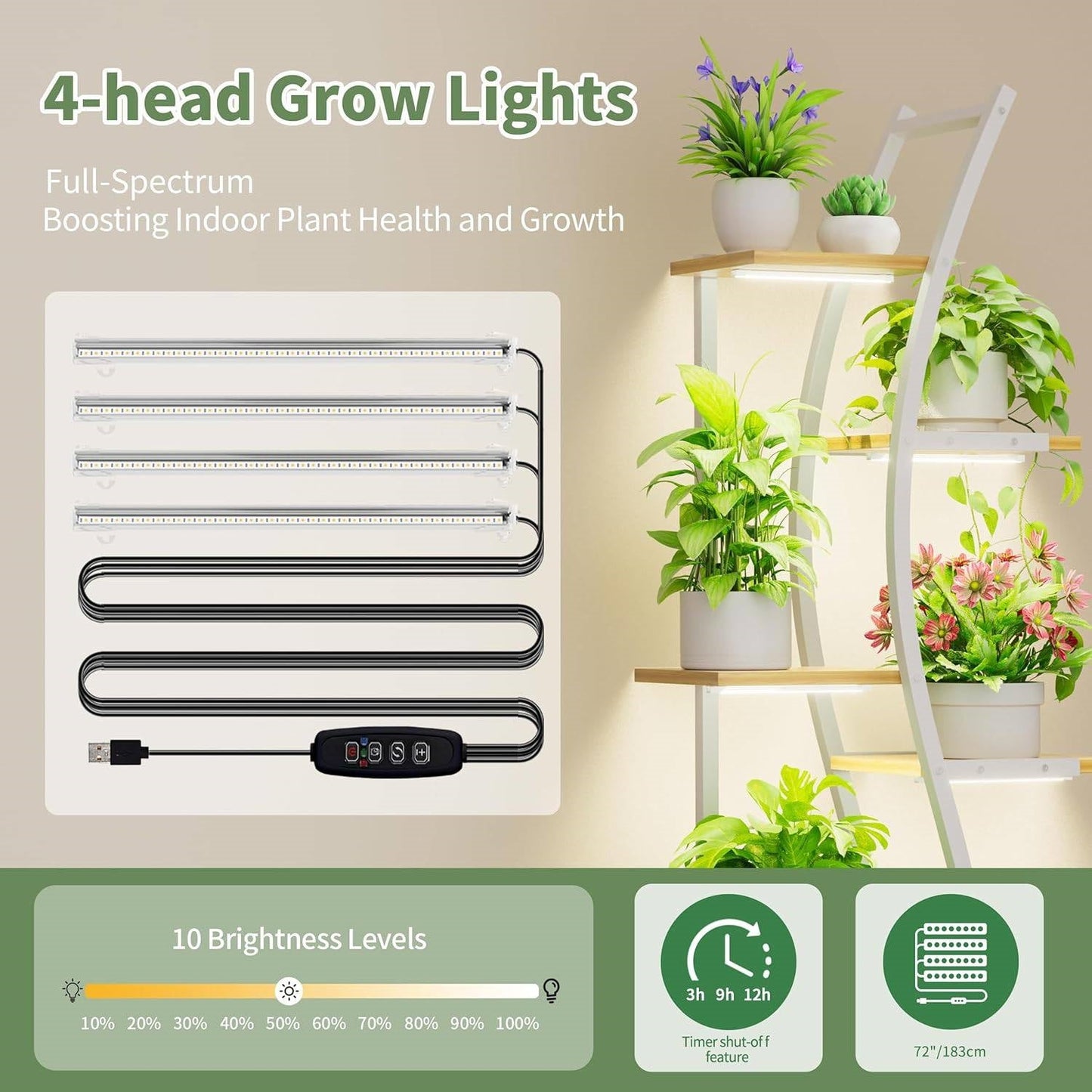 63-inch Tall Indoor Plant Stand with White Metal Frame and Wood Finish Shelves