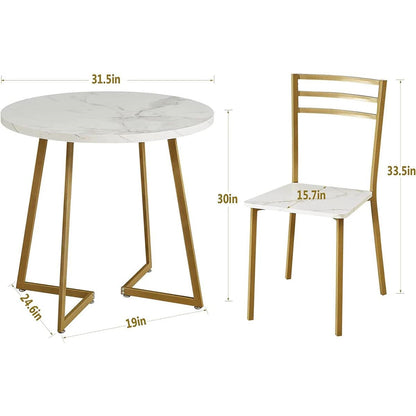 3-Piece Kitchen Dining Set with Round White Faux Marble-Top Table and 2 Chairs