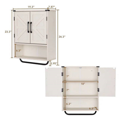 White Farmhouse Bathroom Wall Cabinet with Storage Shelf and Towel Bar