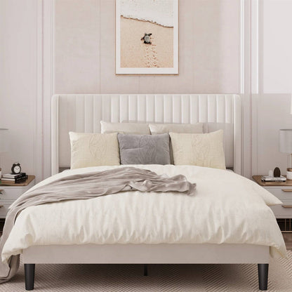Queen size White Velvet Upholstered Platform Bed Frame with Wingback Headboard