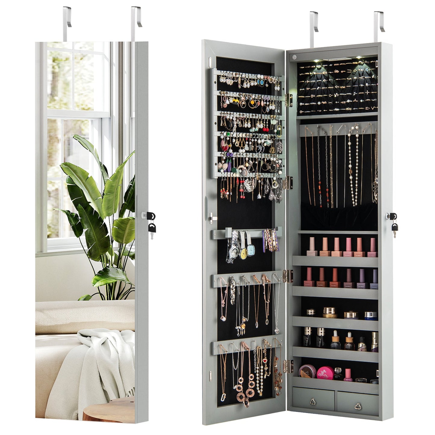 Wall and Door Mounted Mirrored Jewelry Cabinet with Lights