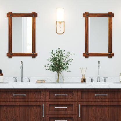 Wood Framed Mirror with Acacia Wood Frame and Vintage Rivet Design Brown