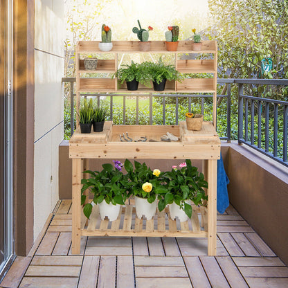 Large Garden Potting Bench Table with Display Rack and Hidden Sink-Natural