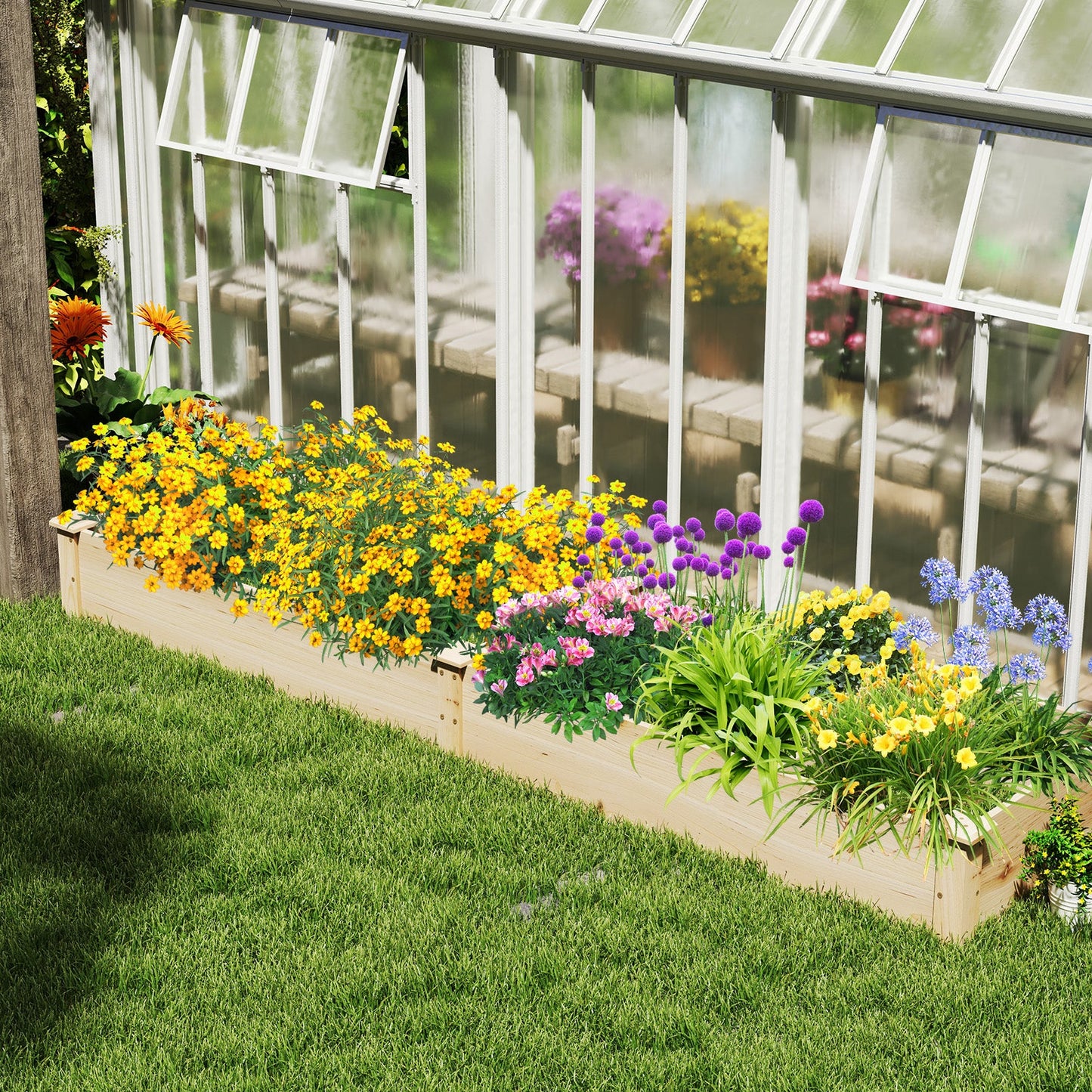 Wooden Raised Garden Bed with 2 Planter Boxes and Dividers-Natural
