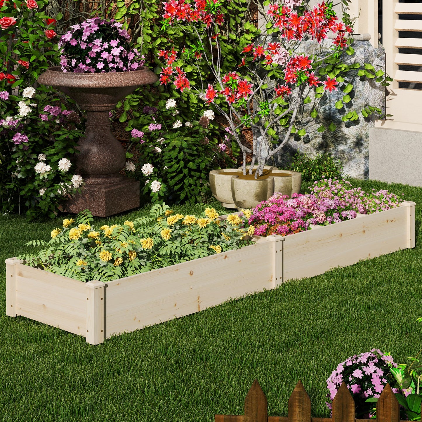 Wooden Raised Open-Ended Base Garden Bed with 2 Planter Boxes Divider-Natural