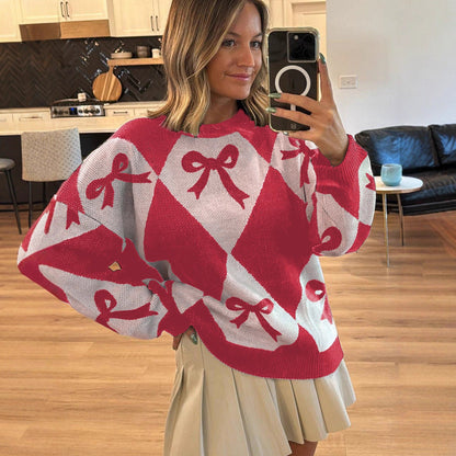 Womens Trendy Pullover Sweater With A Bow-knot Print And Long Knitted Sleeves