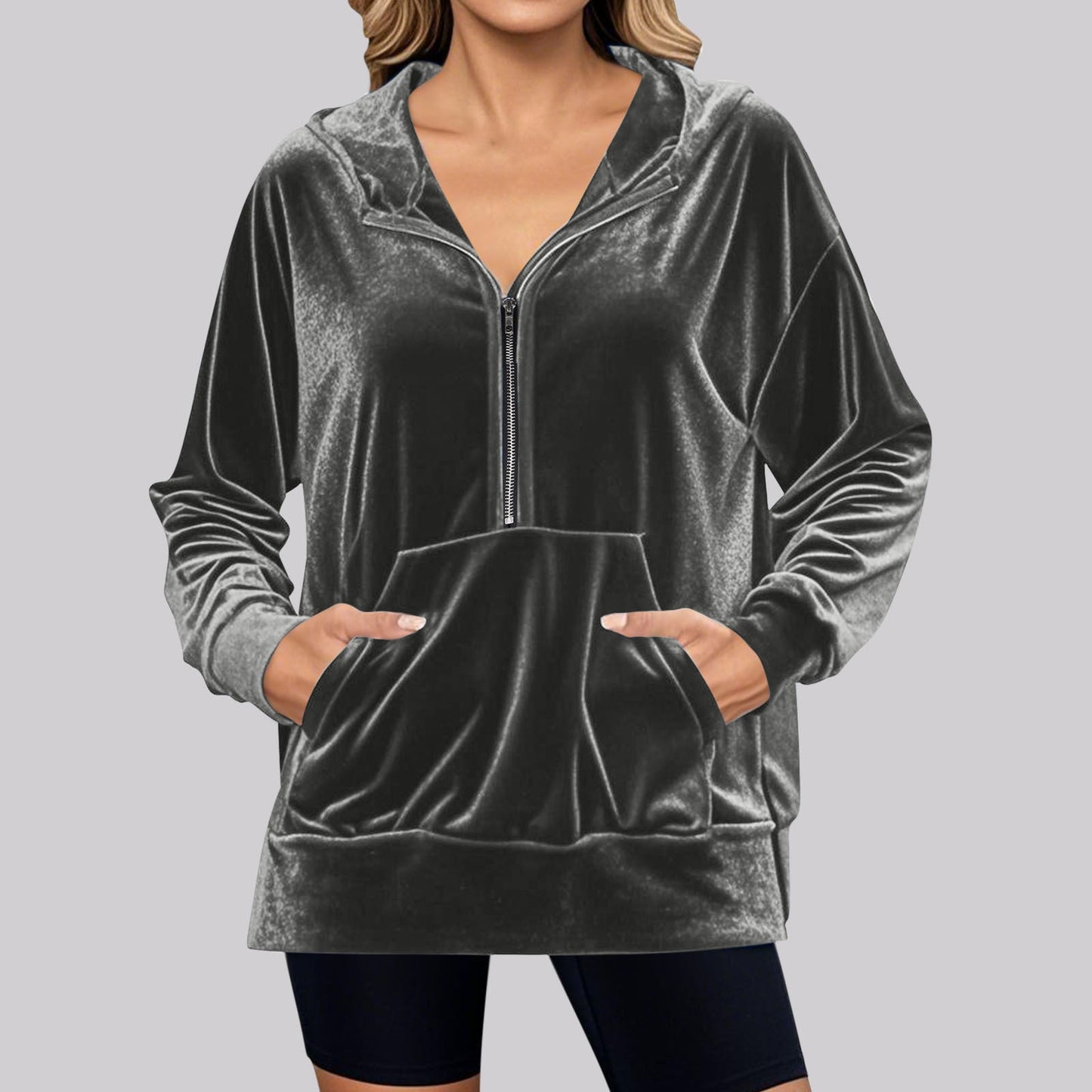 Loose Long Sleeve Zipper Pocket Pleuche Top Women