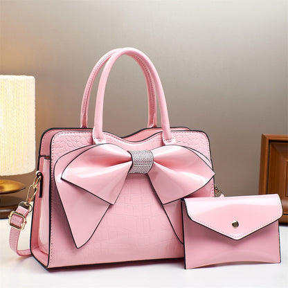 Fashionable Crocodile-Print Bow Bucket Bag Patent Leather Glossy Crossbody Bag