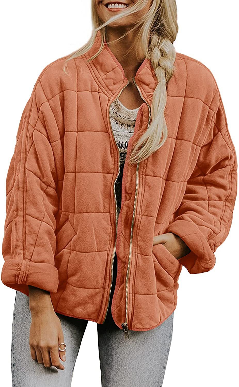 Winter Zip-up Stand Collar Coat With Pockets Fashion Solid Color Plaid Long Sleeved Jacket Women's Clothing
