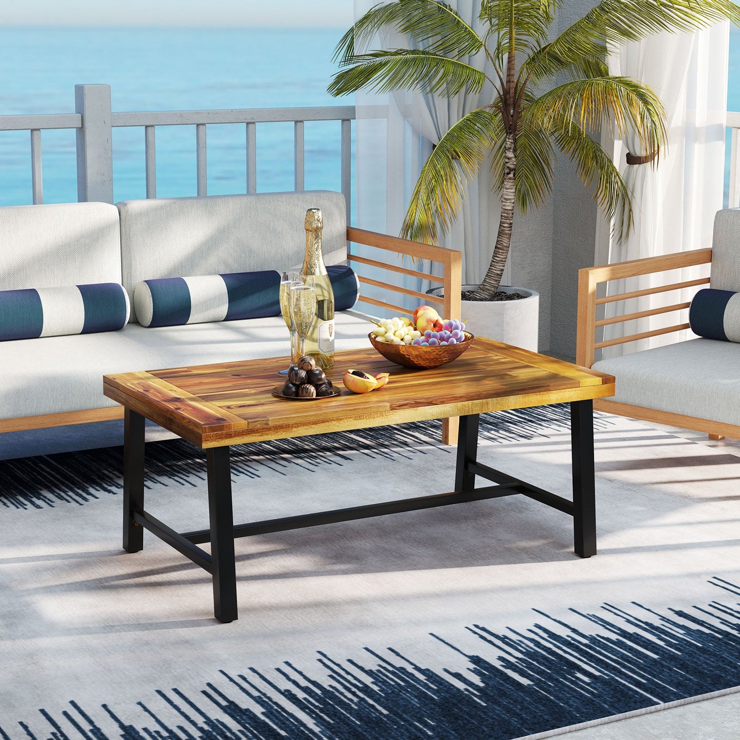 Acacia Wood Coffee Table with Thickened Top and Heavy-duty Metal Legs