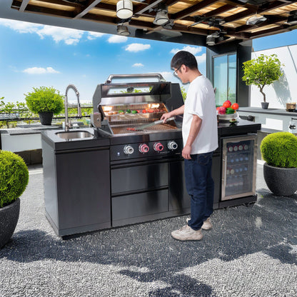 NG 85" 4-Burner 72,000 BTU Black Outdoor Kitchen Island Grill + Refrigerator + Sink