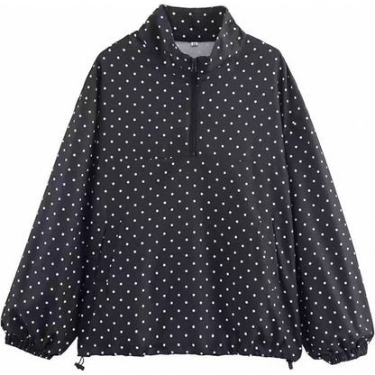 Fashionable Polka-dot Half-zip Loose-fit Hoodie Jacket