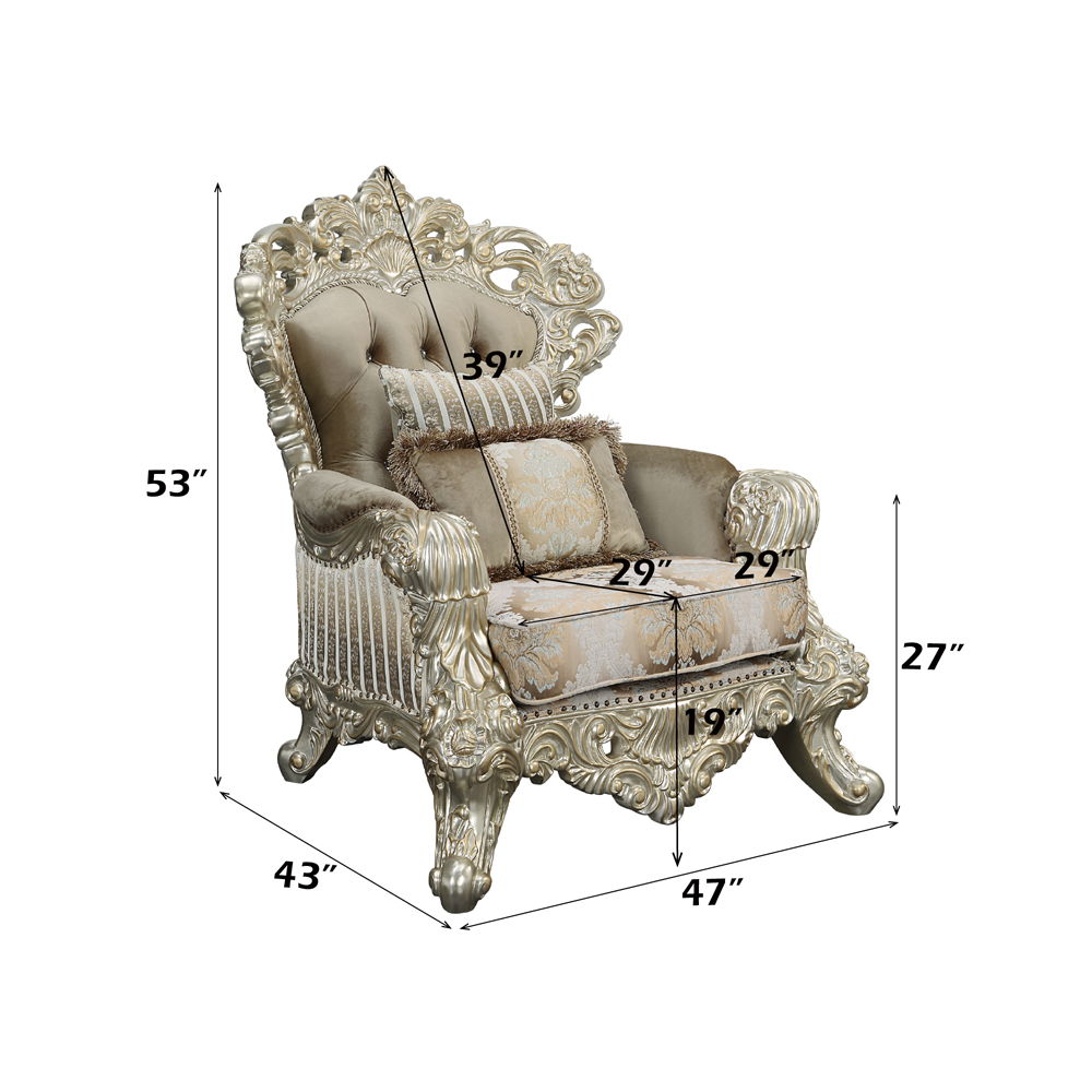 Sorina - Chair With 2 Pillows - Velvet, Fabric & Antique Gold