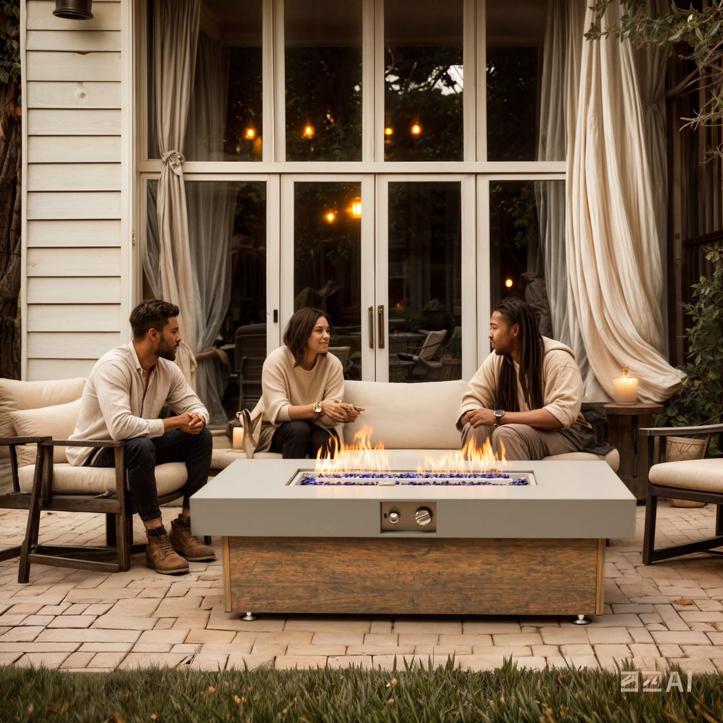 Alora Luxury 48-Inch Outdoor Wood Grain Iron Fire Pit Table With Lava Rocks (SAK37905)