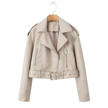 Womens Retro Short-belted Biker Jacket