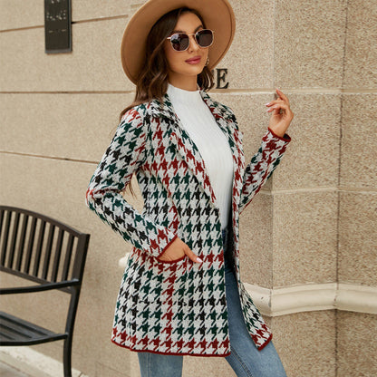 Long Sweater Contrast Houndstooth Knit Cardigan Trench Coat