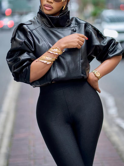 Black Lychee Grain Faux Leather Stand Collar Puff Sleeve Cropped Jacket