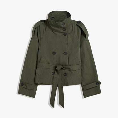 Womens Buttoned Waist-Cinching Lace-Up Trench Coat