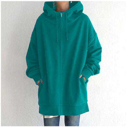 Oversized S-5XL Women Loose Hooded Coats Autumn Female Tie Collar Long Sleeve Zipper Up Add Velvet Long Sweatshirt