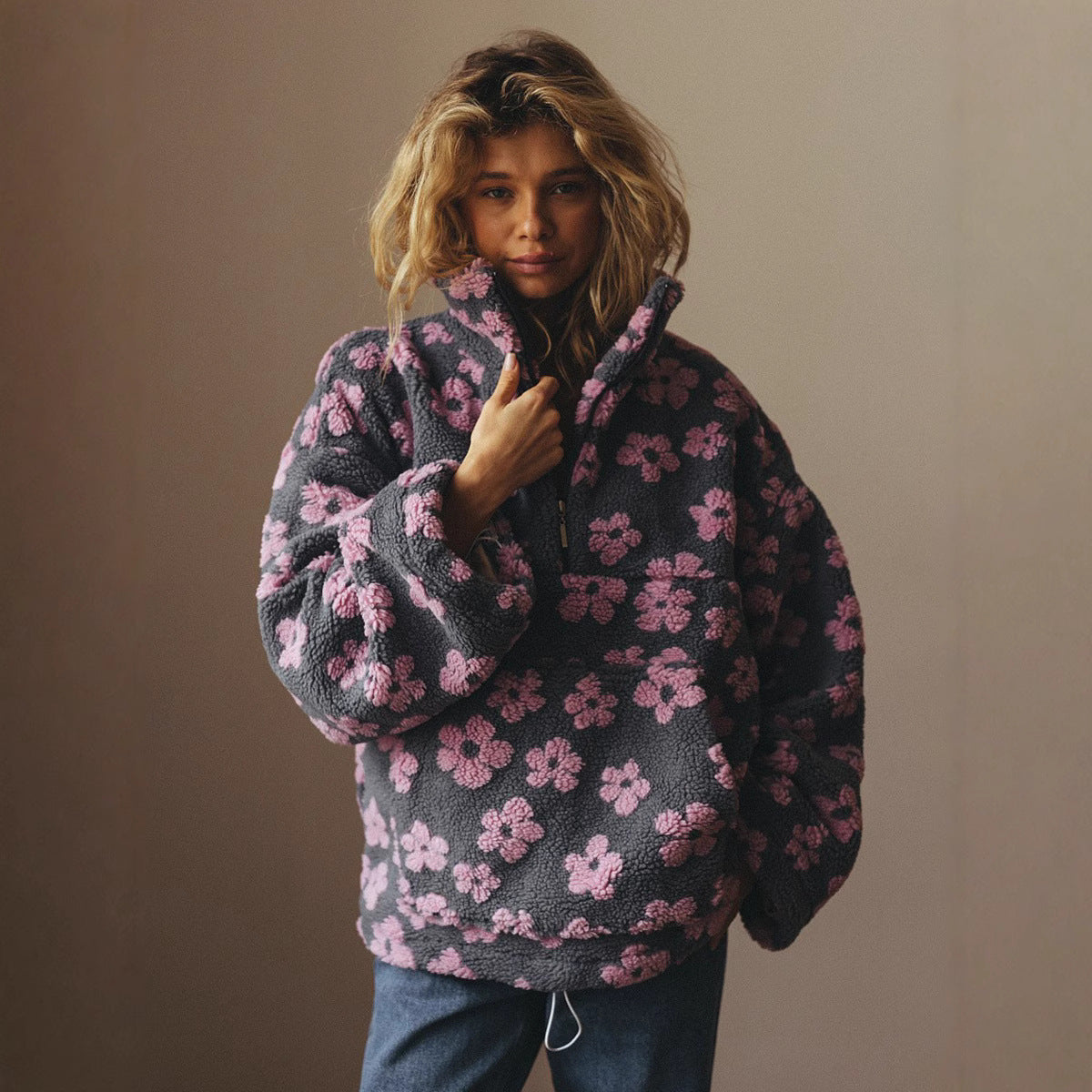 Winter Flowers Lambskin Sweatshirt With Big Pocket Casual Loose Zip-up Lapel Pullover Top Women's Clothing