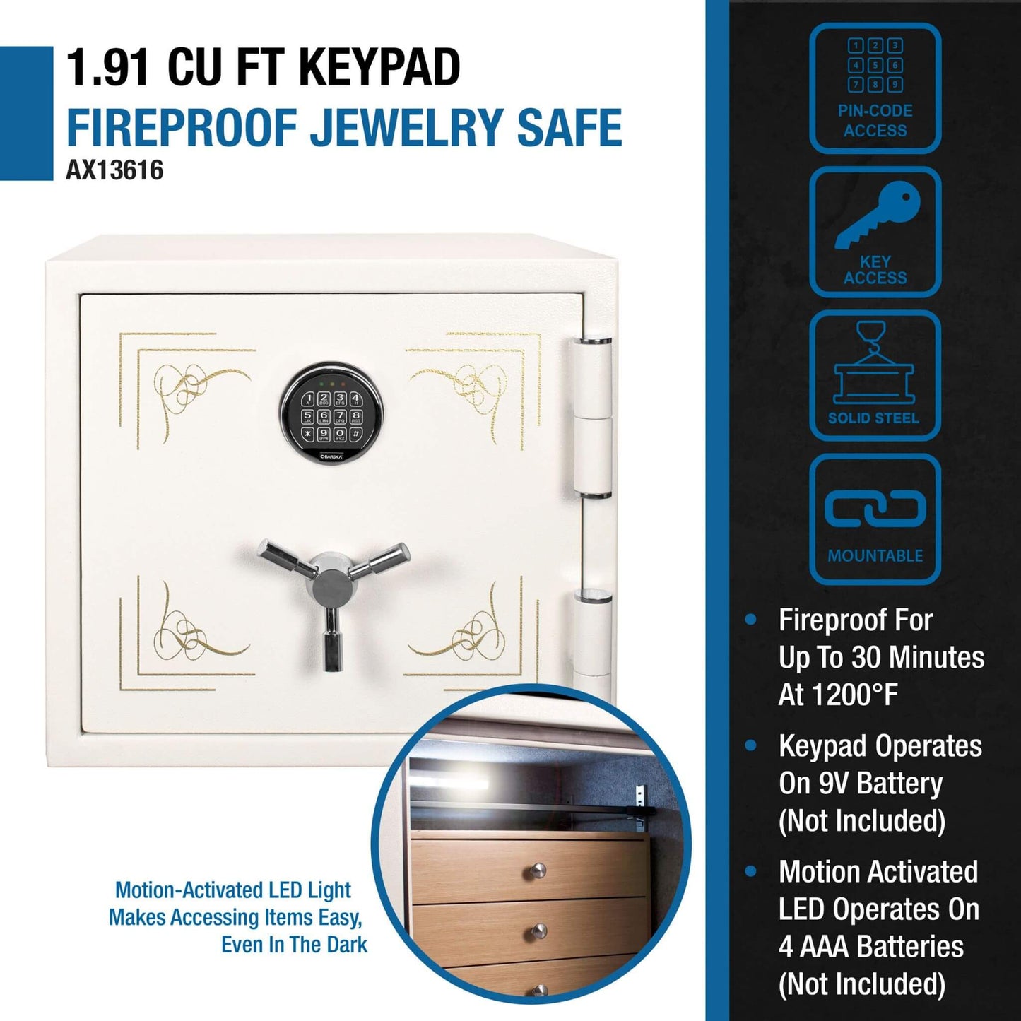 Barska 1.91 CF White Fireproof Jewelry Safe With Digital Keypad Lock (SAK42861)