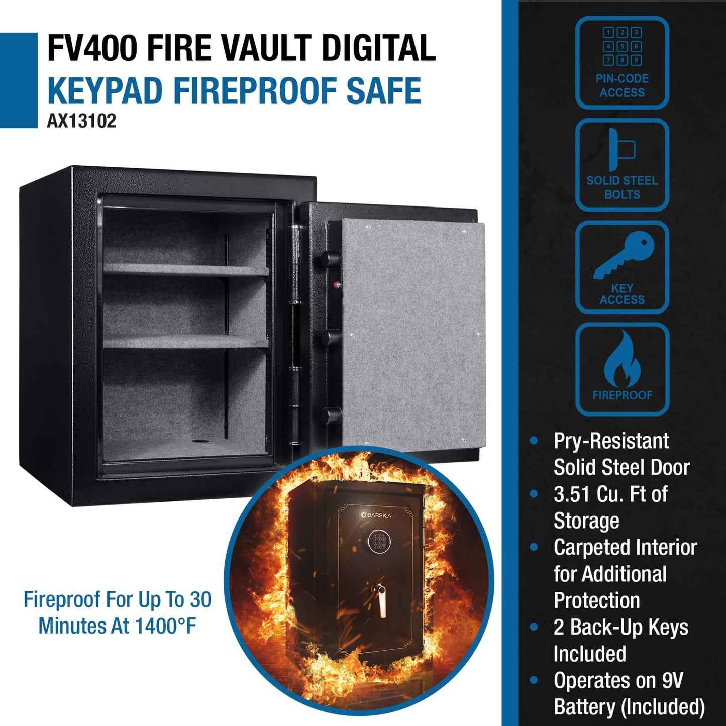 Barska 3.51 CF Heavy-Duty Steel Fireproof Safe Vault With Electronic Lock (SAK85021)