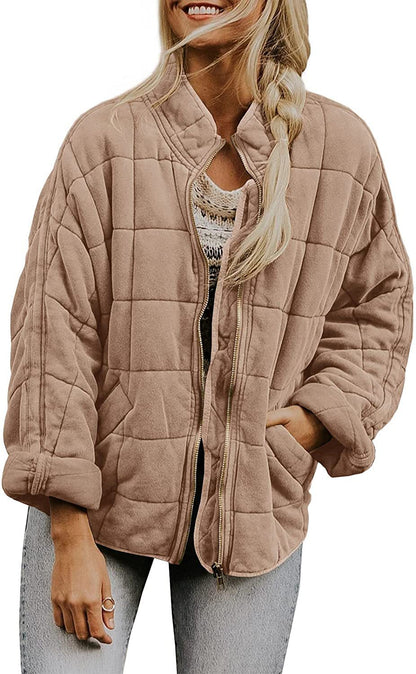 Winter Zip-up Stand Collar Coat With Pockets Fashion Solid Color Plaid Long Sleeved Jacket Women's Clothing