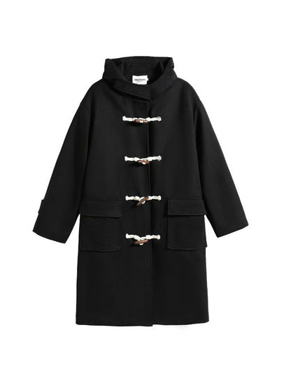 Long Black Toggle Button Wool Coat Women's Woolen Coat