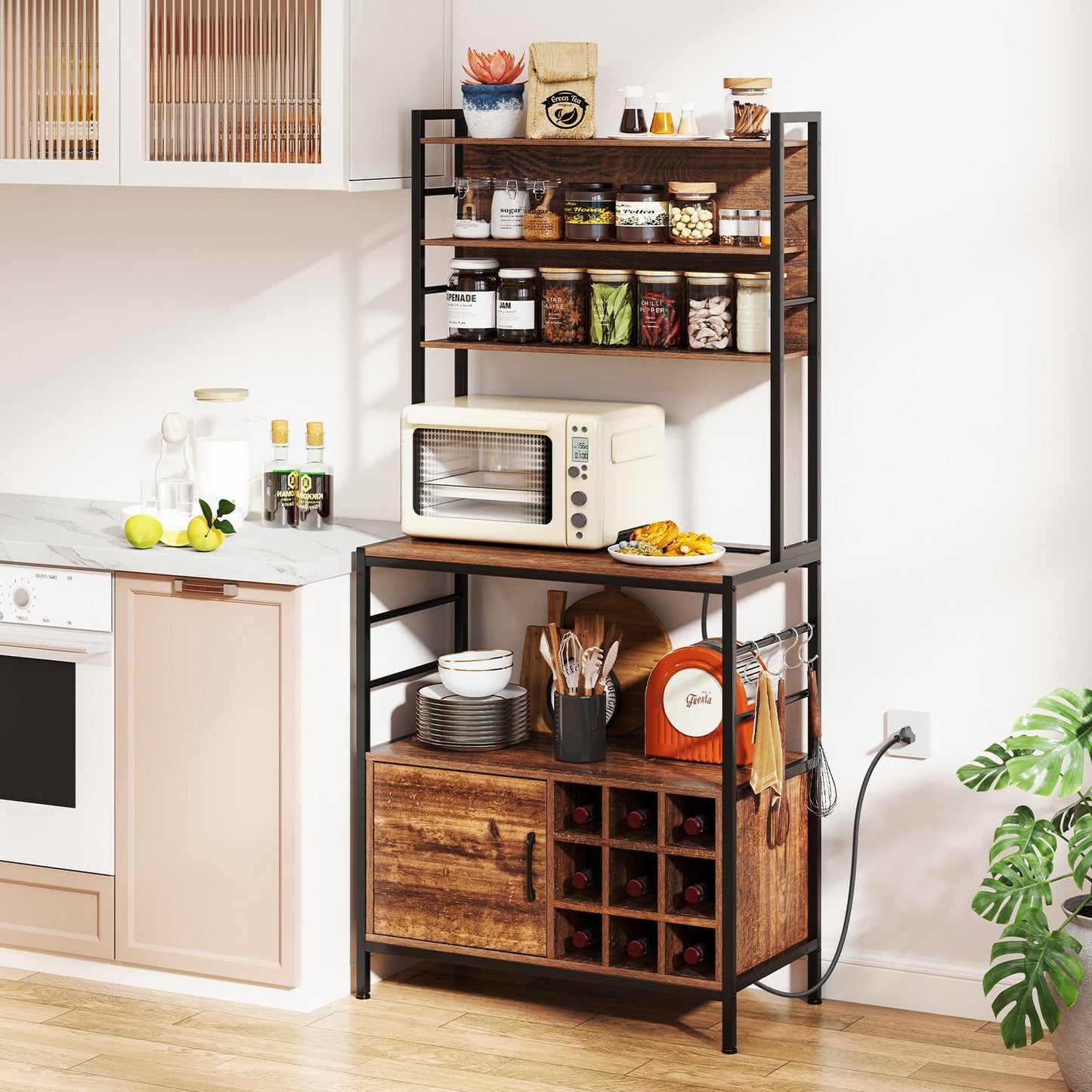 Coffee Bar Cabinet with S-Shaped Hooks and Wine Bottle Holders