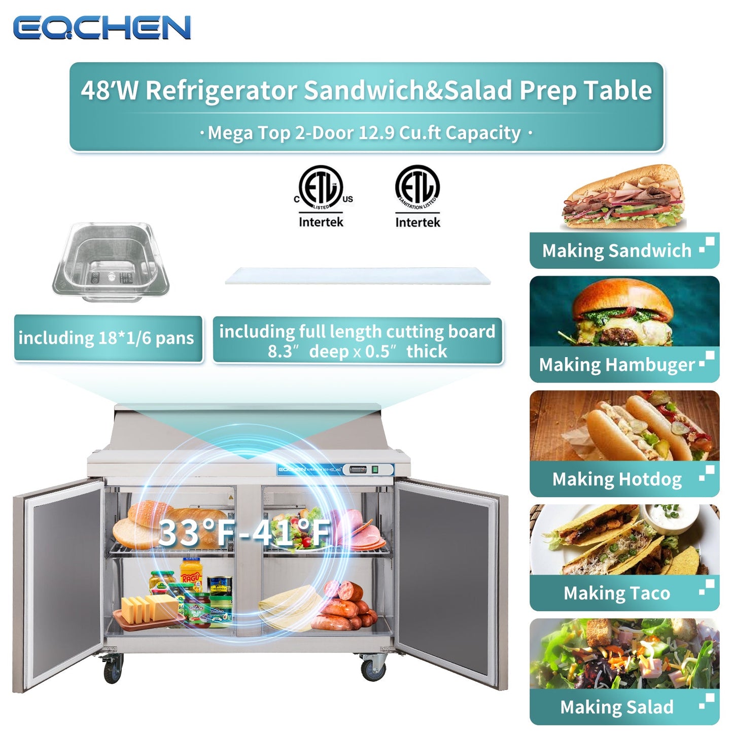 48 inch Salad Sandwich Prep Table Refrigerator, Mega Top, Stainless Steel Food Prep Cooler