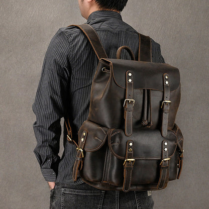 Large Capacity Crazy Horse Leather Backpack Travel Outdoor Flip