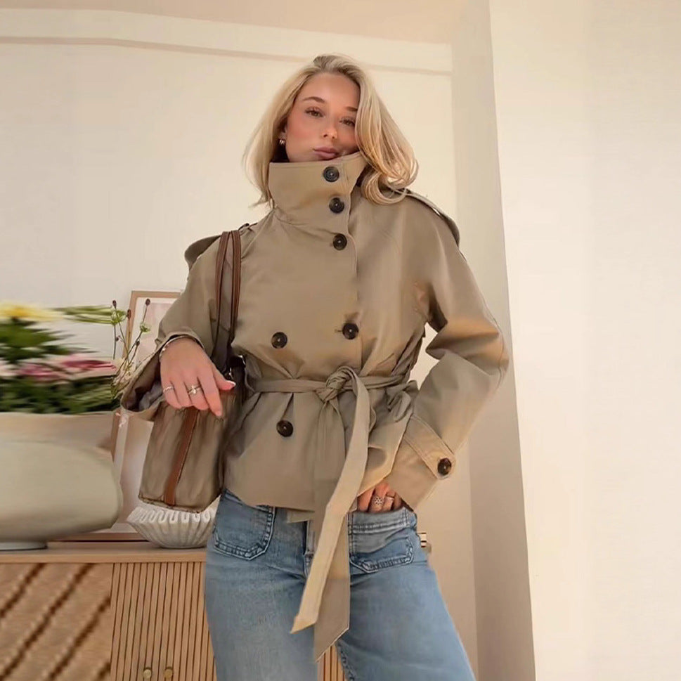 Womens Buttoned Waist-Cinching Lace-Up Trench Coat