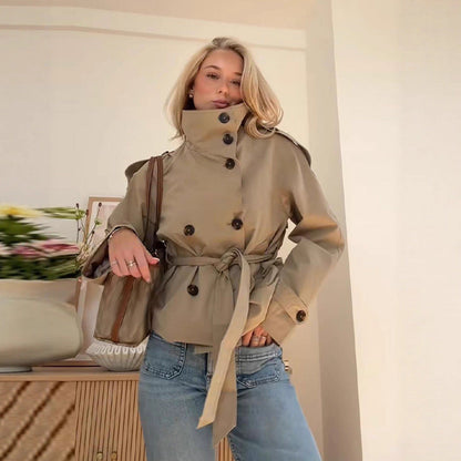 Womens Buttoned Waist-Cinching Lace-Up Trench Coat