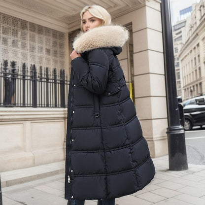 Winter Slim Long Jacket With Fur Hood And Belt Fashion Solid Hooded Coat Warm Clothing For Women