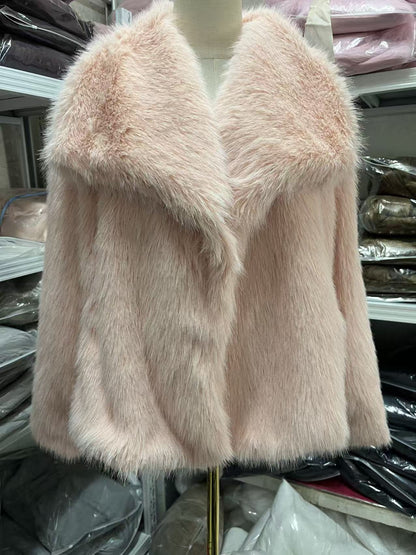 Women's Pure Color Versatile Faux Fur Collar Long Sleeve Coat Plus Size Outerwear