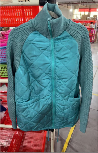 Winter Stand Collar Cotton Jacket With Pockets Fashion Knitted Stitching Zipper Coat Warm Tops For Women Clothing