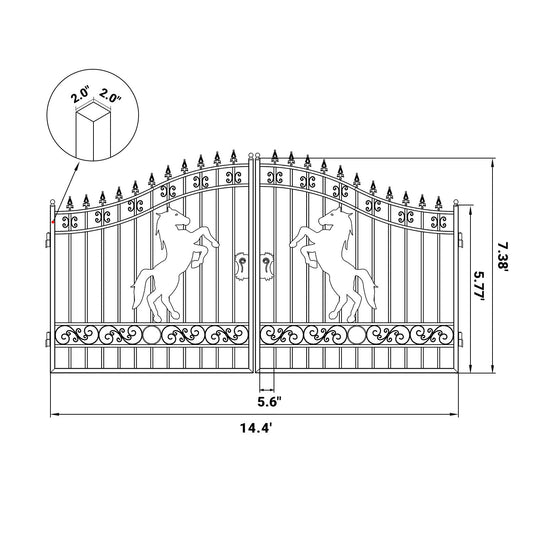 14x8 ft Steel Dual Swing Driveway Gate with Horse Pattern