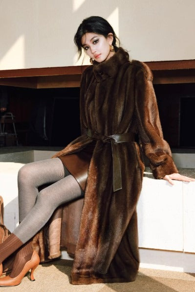 Mink-textured Three-dimensional Silhouette Belt Eco-fur Coat