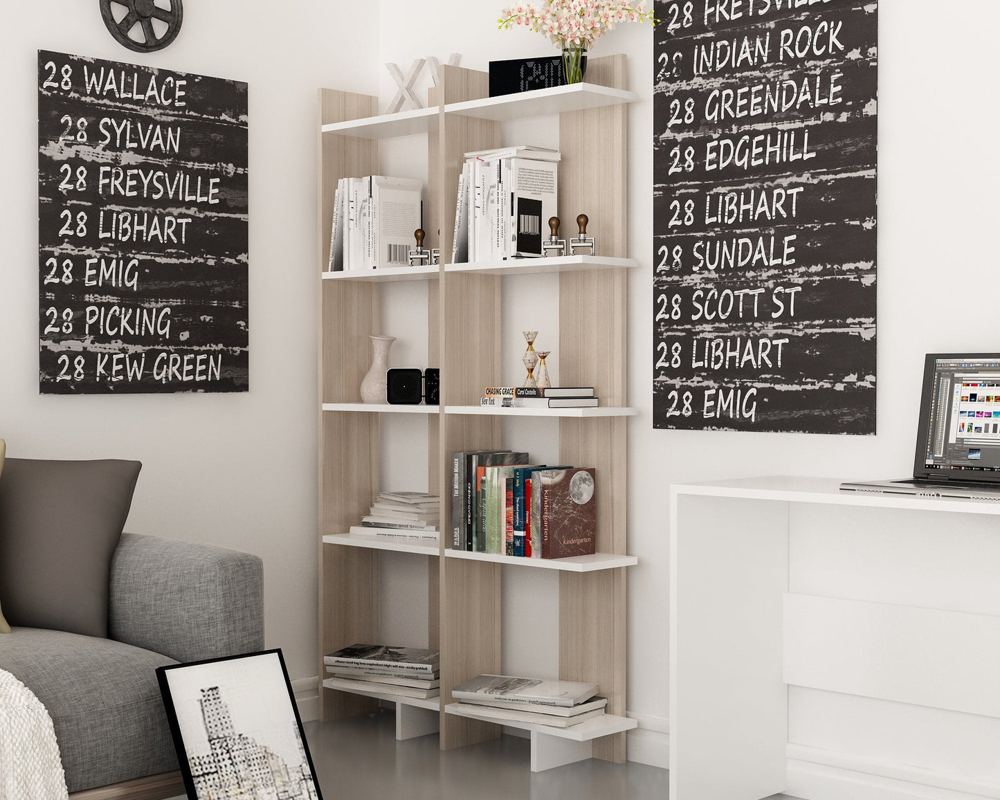 Alice 67” Corner Bookcase – 5-Tier Narrow L-Shaped Wall-Mounted Corner Bookshelf