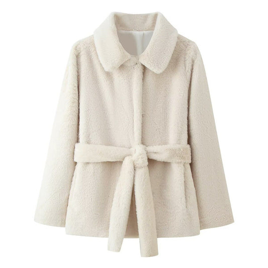 Lapel Women's Casual Slim-fit Solid Color Belt-effect Faux Fur Coat