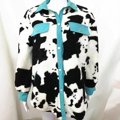 Euro-American AutumnWinter Lapel Shirt Warm Loose Contrasting Color Patchwork Long-Sleeve Coat