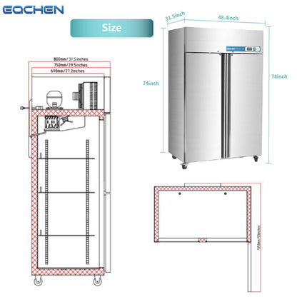 EQCHEN 48 Inch 2 Door Commercial Freezer