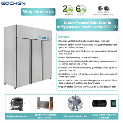 EQCHEN 72 Inch 3 door Commercial Refrigerator Freezer Combo